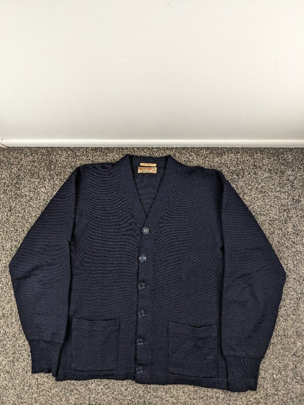 Vintage 40s Sand Knit Sweater Cardigan Wool Navy Blue Mens 42 (Large) 1940s 50s